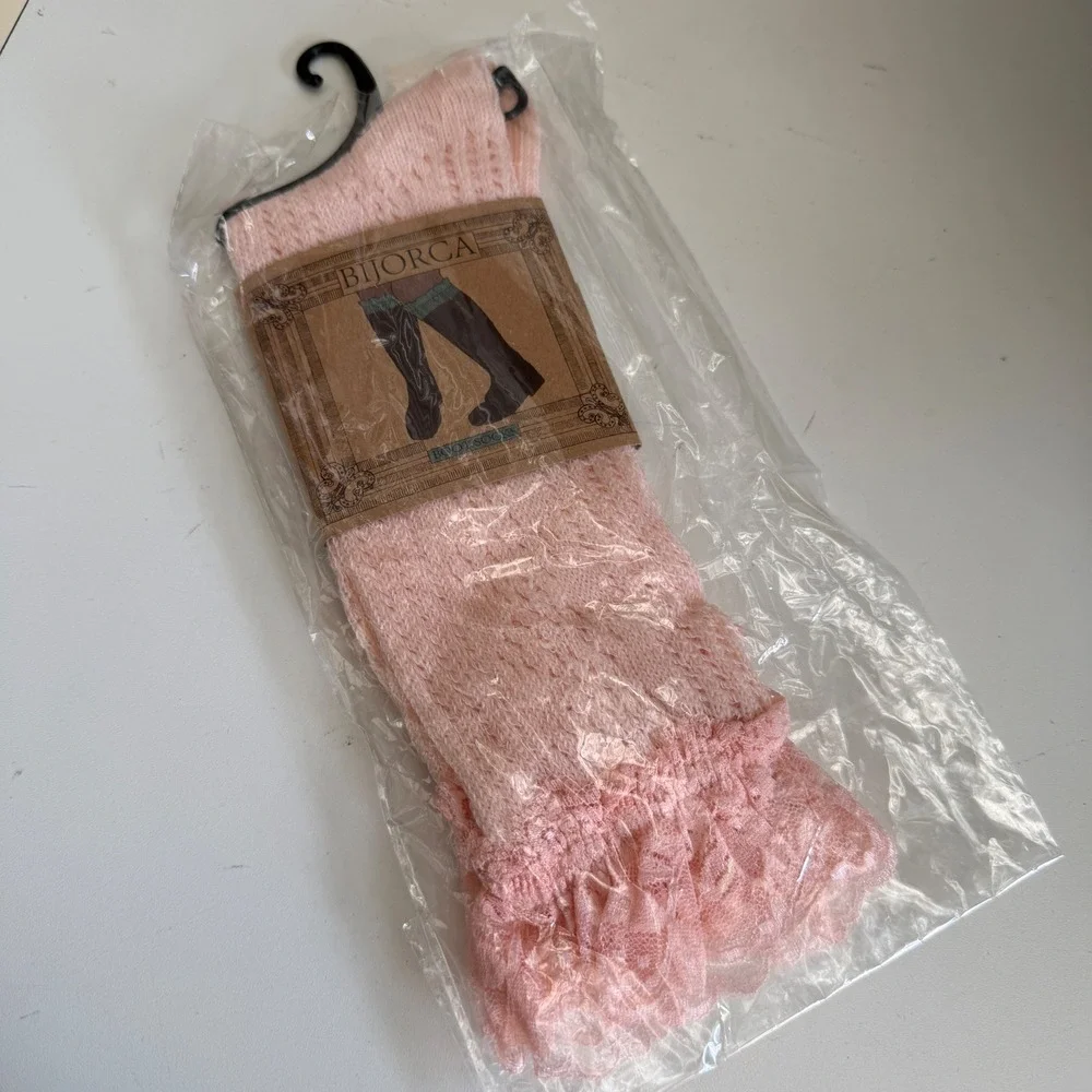 Pink Pointelle Knit Lace Trim Ruffle Ankle Boot Socks OSFM kawaii cottage